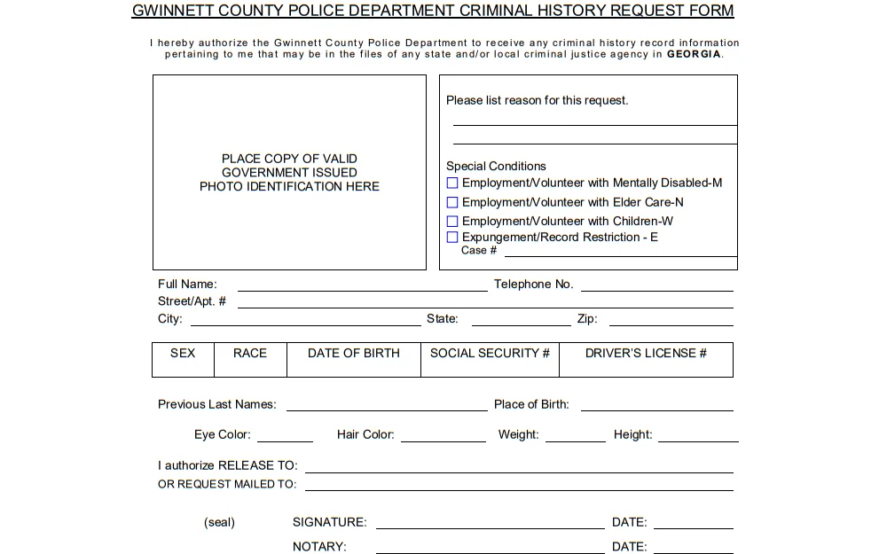 A screenshot of the Gwinnett County Police Department's Criminal History Request Form that must be completed and notarized to be able to obtain criminal record information from any state or local agency.