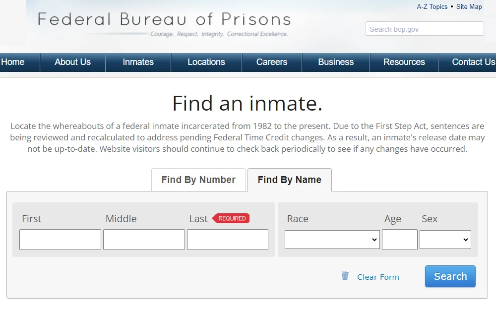 A screenshot of the federal inmate locator of the Federal Bureau of Prisons, where interested parties may look up incarcerated individuals from 1982 to the present by providing either the inmate number or name.