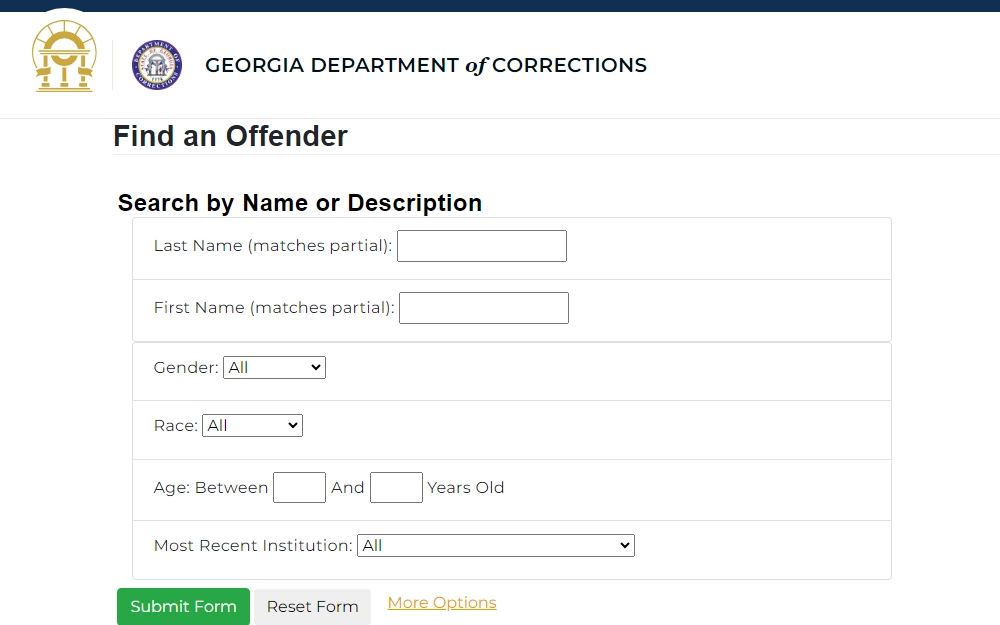 A screenshot of the Offender Search tool of the Georgia Department of Corrections that can be searched by name or by other description.