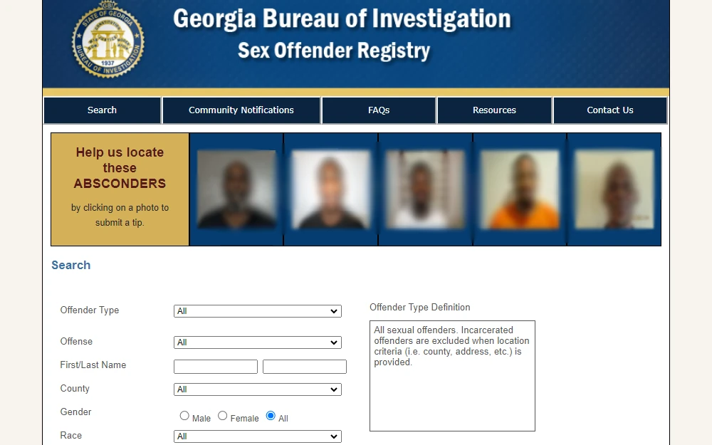 A screenshot of the Sex Offender Registry platform maintained by the Georgia Bureau of Investigation, showing the mugshots of five wanted absconders and a search tool that can be browsed by providing the following information: offender type, type of offense, first and last name, county, gender, race, and others.
