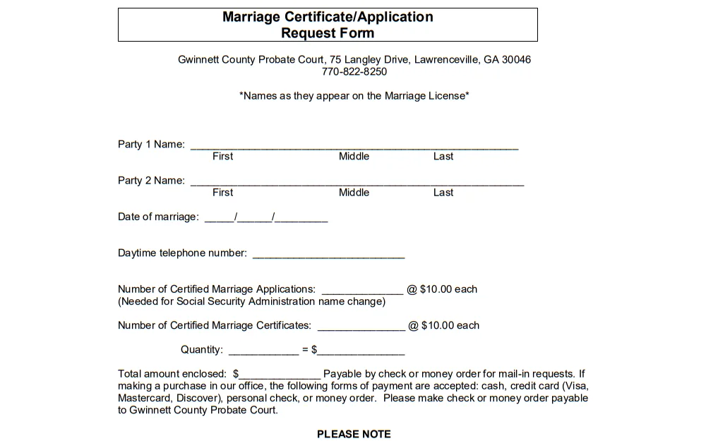 A screenshot of a marriage certificate or application request form provided by the Gwinnett County Probate Court that must be completed when requesting marriage records.