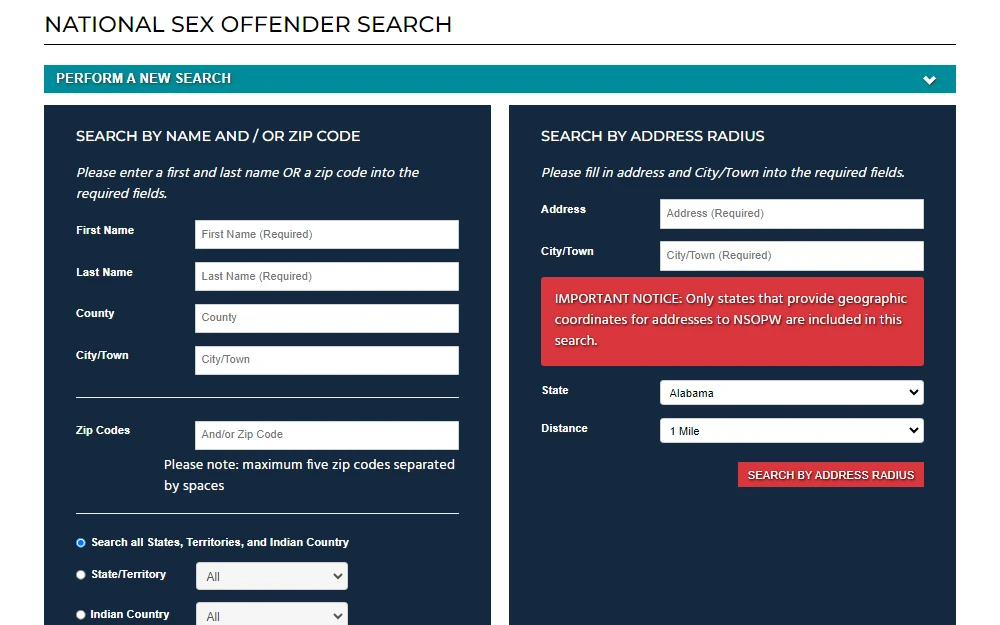 A screenshot of the U.S. national sex offender registry public website that can be searched by name and zip code or by address radius.