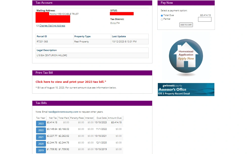 A screenshot of a sample property account details showing the tax account information and tax bills summary made available by the Gwinnett County Tax Commissioner's Office for payment purposes.