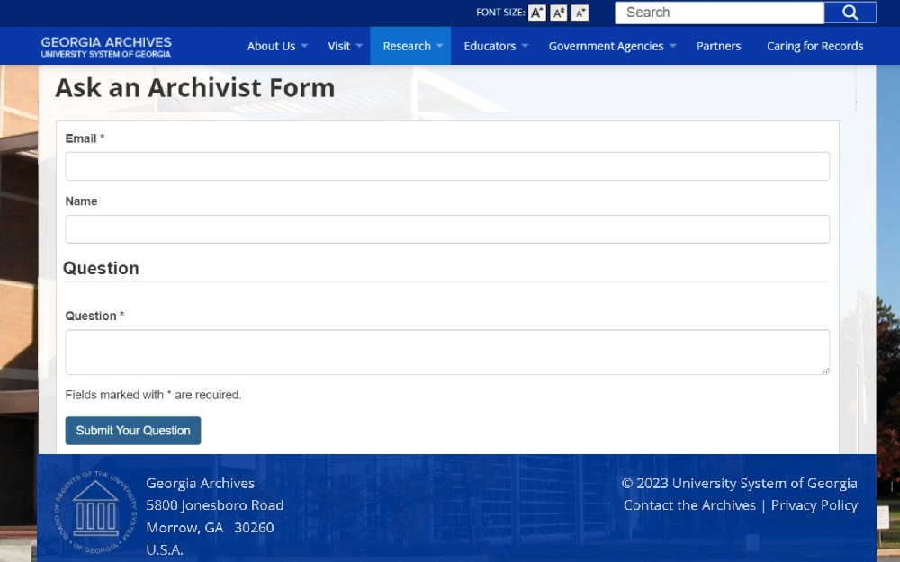 A screenshot displaying an ask an archivist form from the Georgia Archives website that requires information such as email address, name and question.