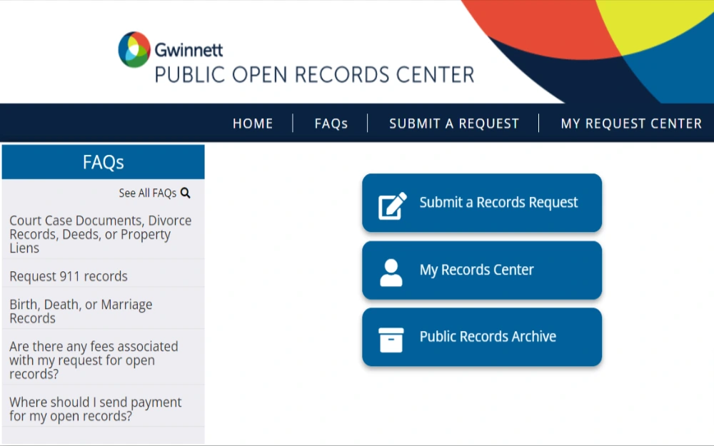 A screenshot showing a public open records center with options to submit a records request, my records center, public records archive from the Gwinnett County Government website.