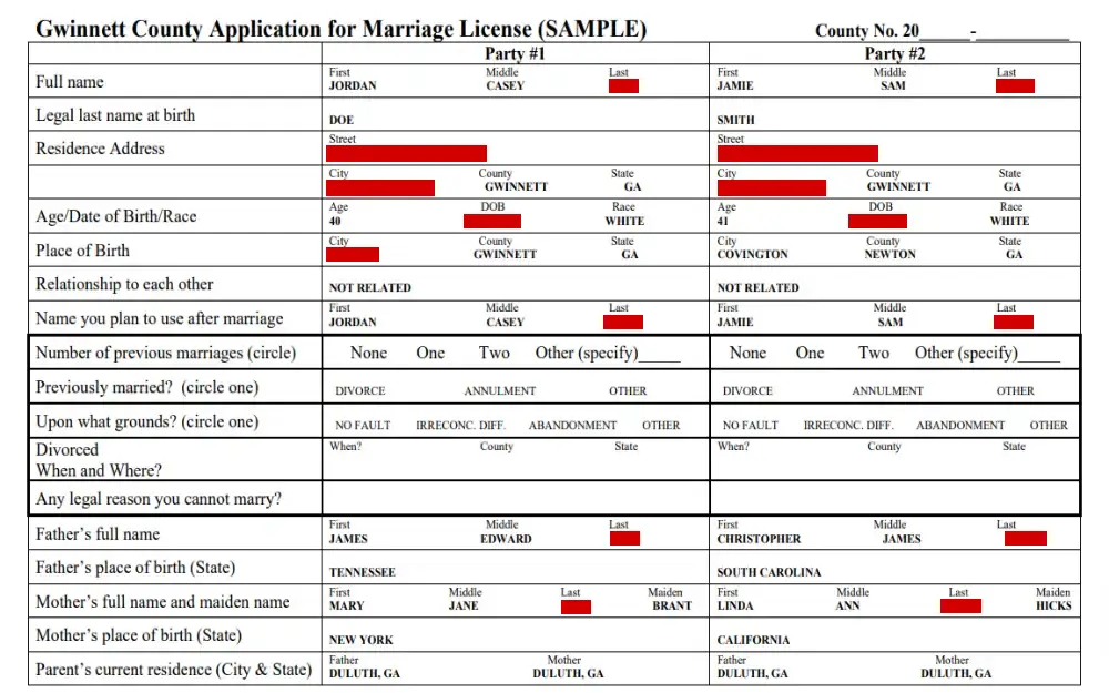 A screenshot displaying a Gwinnett County application for marriage license requiring details such as full name, legal last and birth name, residence address, age, date, birth, race, place of birth, relationship to each other, after marriage name planned and others.