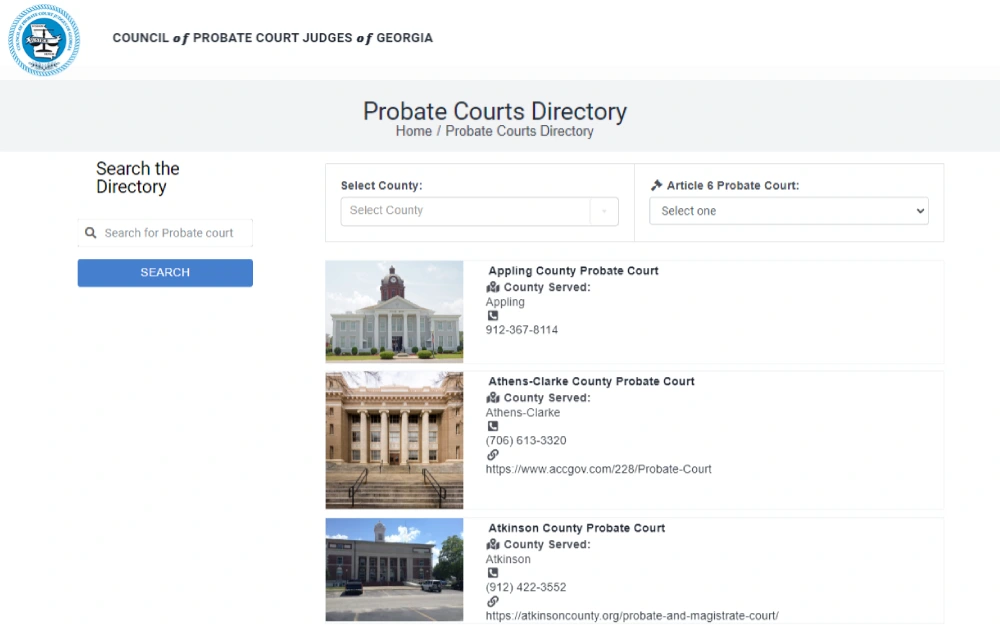A screenshot displaying the probate courts directory with search criteria such as select country, article 6 probate court with the list of probate courts from the Council of Probate Court Judges of Georgia website.