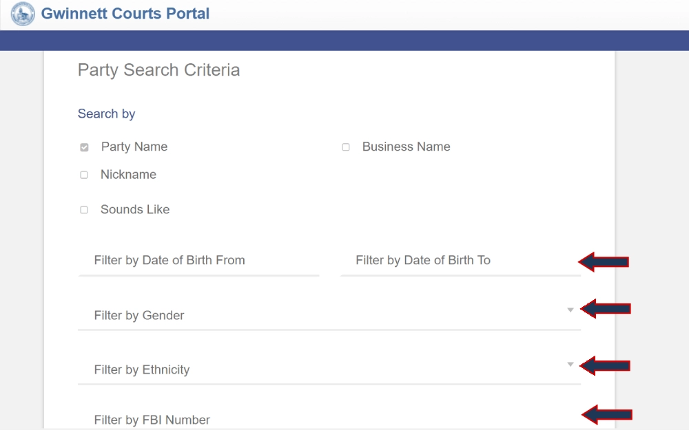 A screenshot of a legal search interface providing options to look up individuals or entities by name, nickname, sounds like, and various filters, including date of birth, gender, ethnicity, and identification numbers.