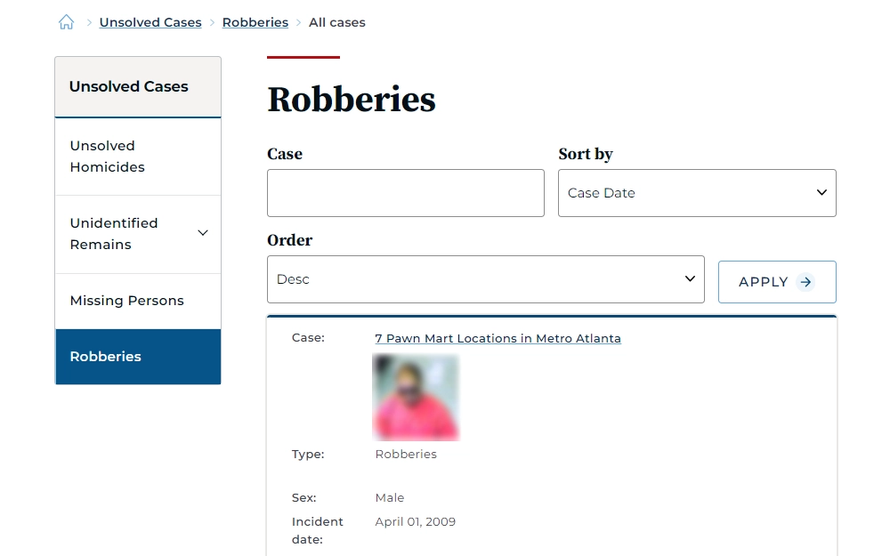A screenshot of the posted unsolved cases from the Georgia Bureau of Investigation displaying the robberies section.