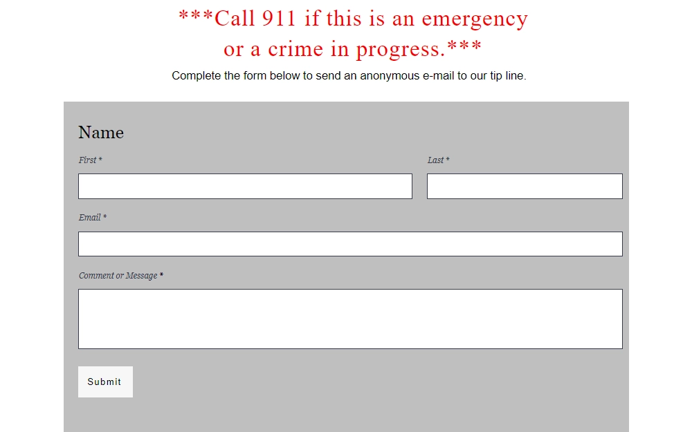 A screenshot of the online tip form from the Gwinnett County Sheriff's Office showing spaces provided for the sender's name, email, and message.