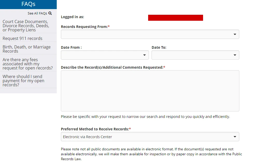 Screenshot of the request submission form from the open records center of Gwinnett County with fields provided for the department the request is addressed, date range of record, description, and preferred method of receipt.