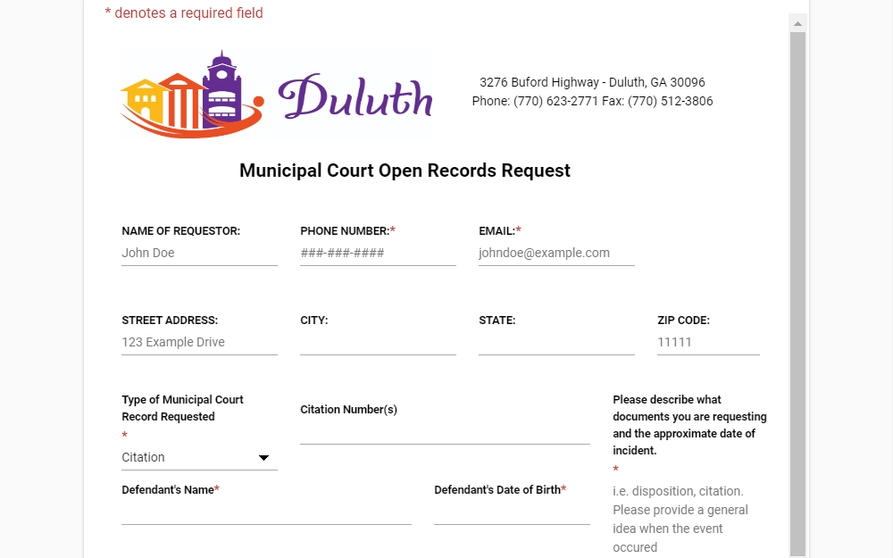 Screenshot of the online public records request form showing the fields provided for the requestor's name, contact number, address, type of record requested, citation number, defendant's name and birthdate, and record description.